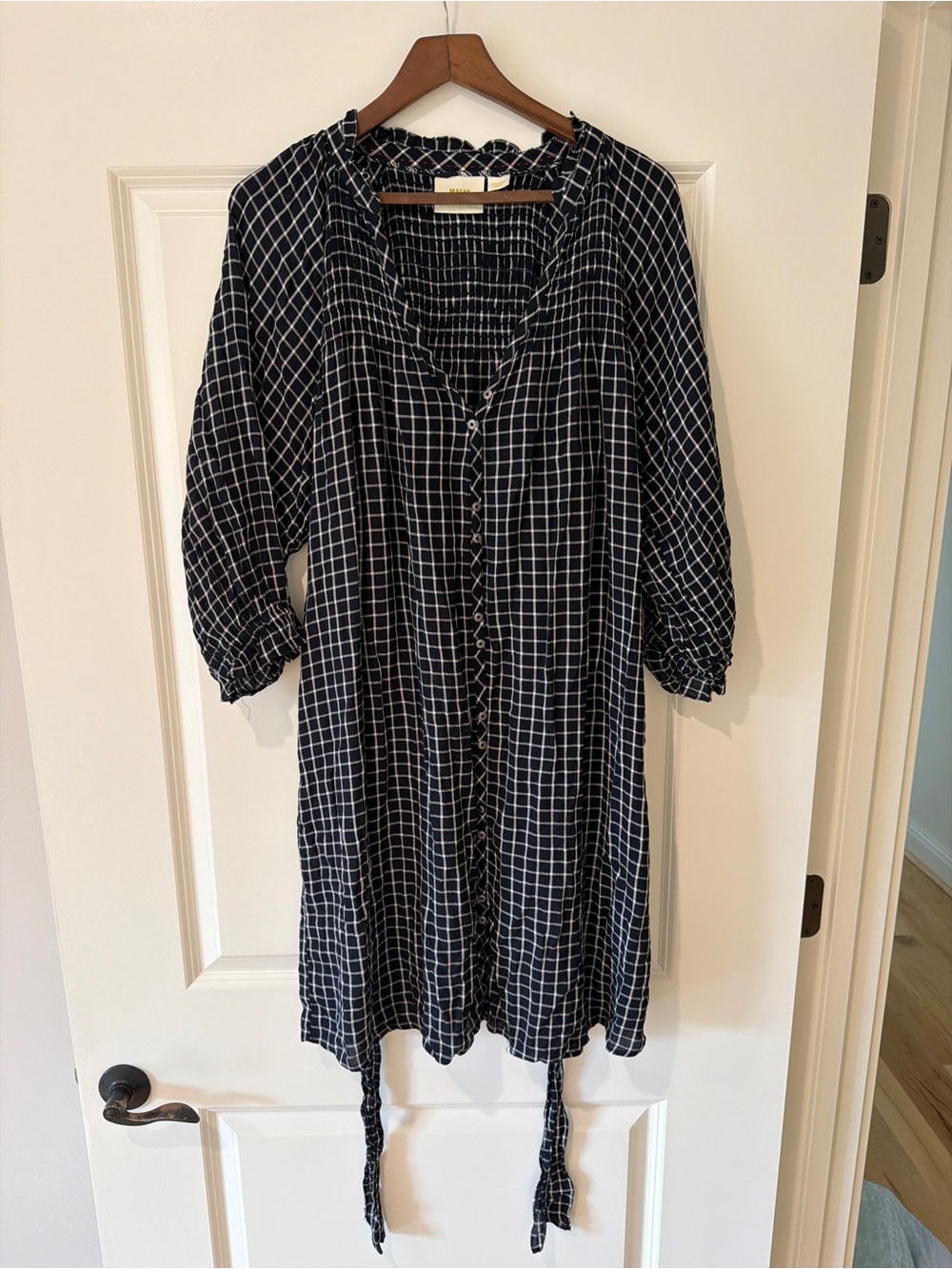 Anthropologie Black Windowpane Plaid Long-Sleeve Button Dress